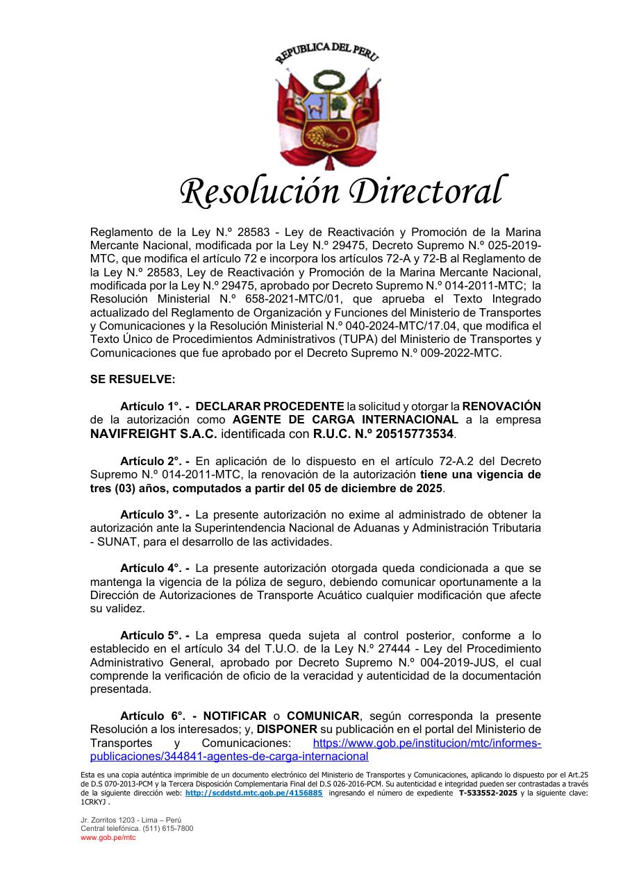 Página 2 de la autorización de Navifreight como agente de carga internacional